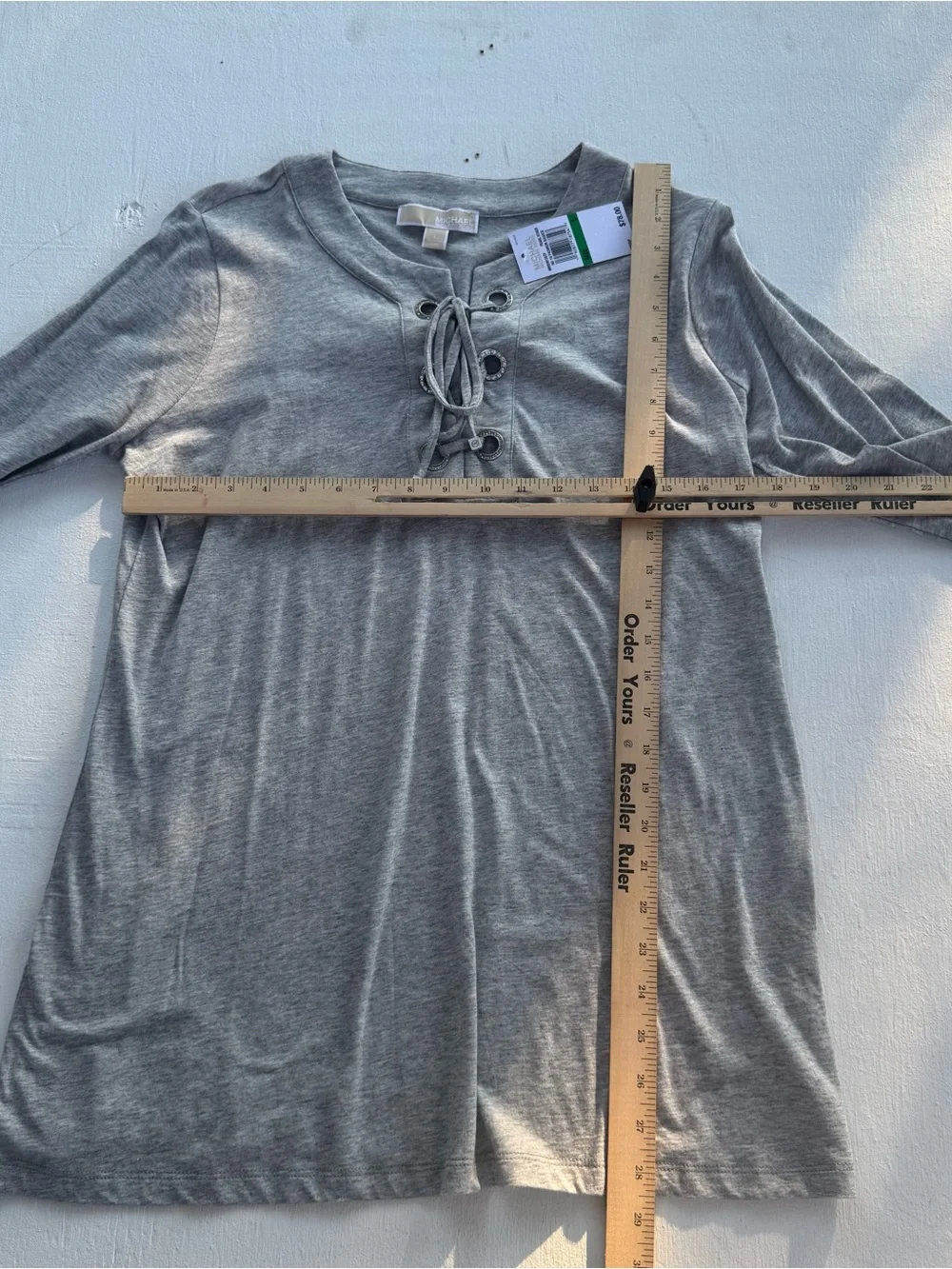 NWT Michael Kors Woman’s Grey Long Sleeve Lace Up Neck Flared Bell Sleeves Sz L